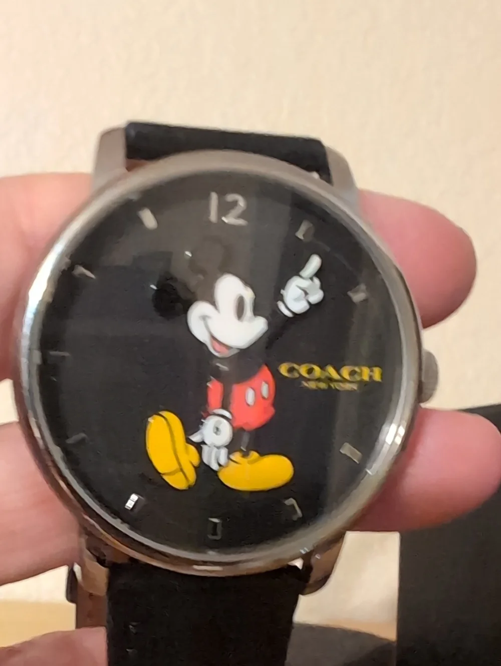 Coach Black Mickey Mouse Men's Leather Strap Watch with Silver Case NWT